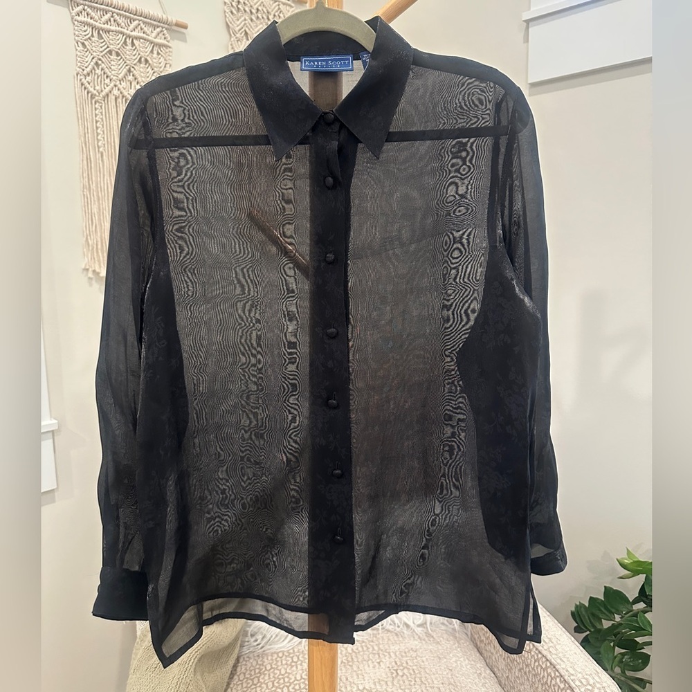 Karen Scott Petite Sheer Black Button Front Blouse PS - Picture 1 of 5